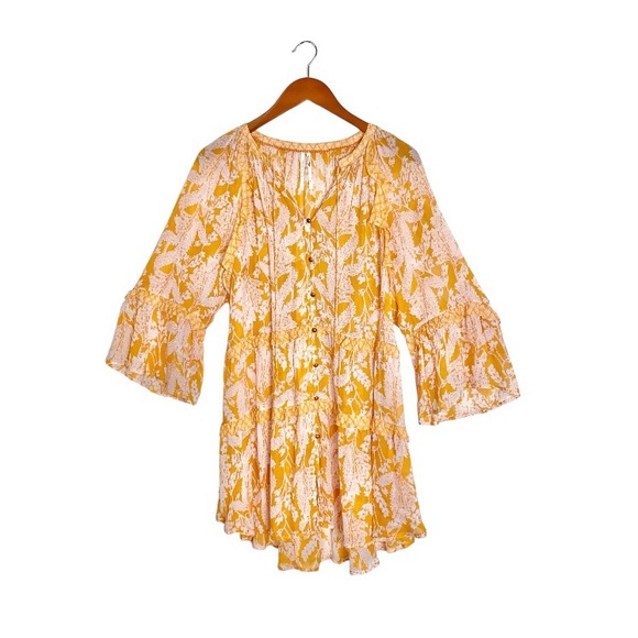 Anthropologie Mia Tiered 3/4 Sleeve Button Front Yellow Floral Ruffled Tunic Top - Picture 4 of 9